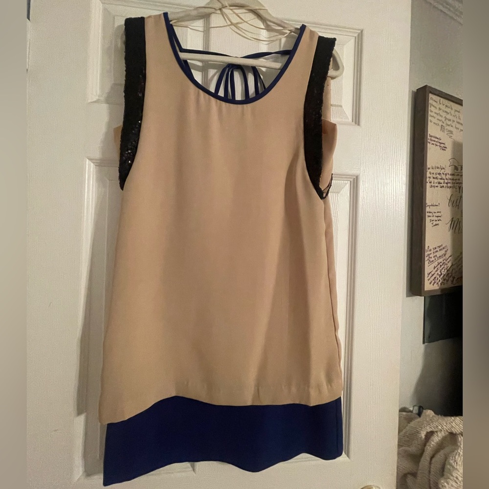 Tan midi dress black glitter accent shoulders